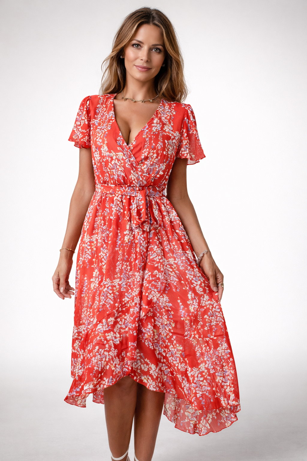 Women's Floral Midi Dress – Wrap V-Neck Dress