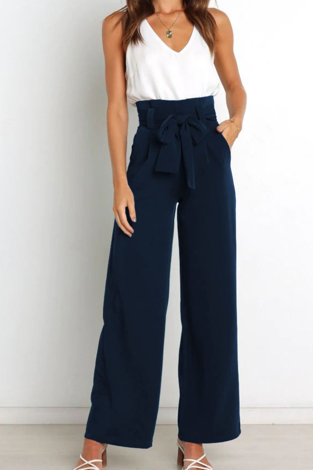 Women's High Waist Paperbag Pants – Bow Waist Wide Leg Trousers