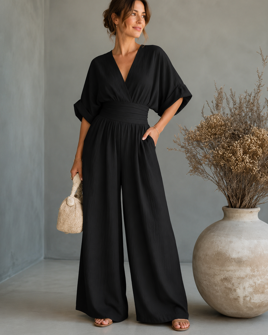 Women's V-Neck Wrap Wide Leg Jumpsuit – Cinched Waist Wedding Guest Jumpsuit