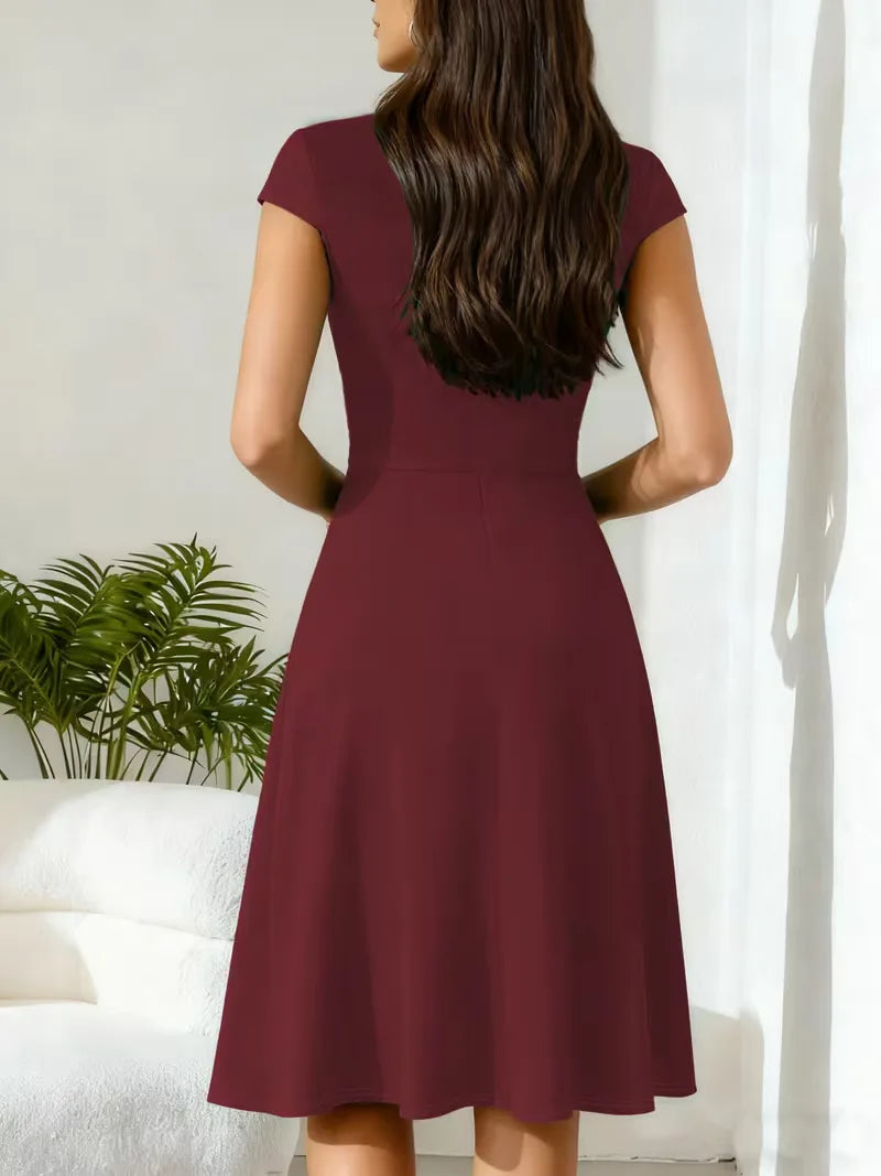 Women's V-Neck A-Line Dress – Short Sleeve Knee Length Pocket Dress