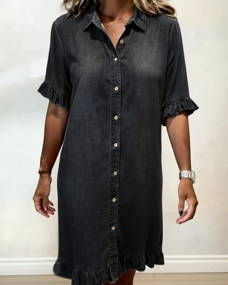 Women's Flounce Sleeve Shirt Dress – Button Front Knee-Length Dress