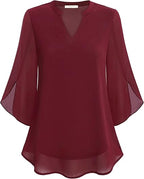 Women's V-Neck Wide Sleeve Blouse – Loose Fit Flowy Casual Blouse