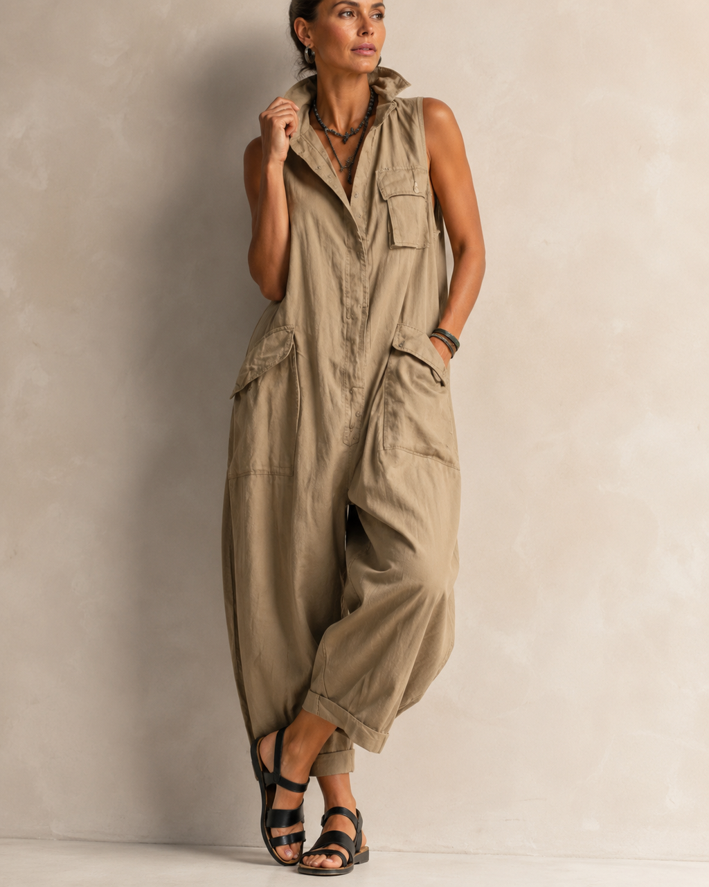 Women's Sleeveless Collared Jumpsuit – Relaxed Fit Pocket Summer Jumpsuit
