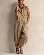 Women's Sleeveless Collared Jumpsuit – Relaxed Fit Pocket Summer Jumpsuit