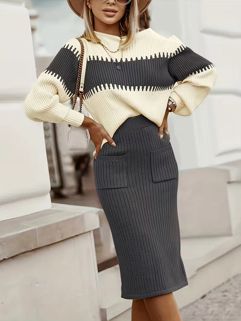 Women's Ribbed Sweater Set – Matching Knit Skirt Set