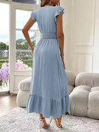 Women's V-Neck Tiered Maxi Dress – Short Sleeve Smocked Waist Evening Dress