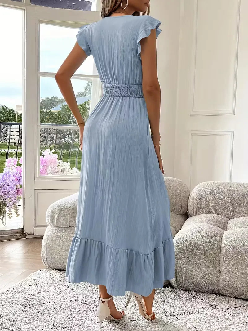 Women's V-Neck Tiered Maxi Dress – Short Sleeve Smocked Waist Evening Dress
