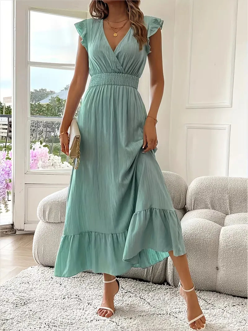 Women's V-Neck Tiered Maxi Dress – Short Sleeve Smocked Waist Evening Dress