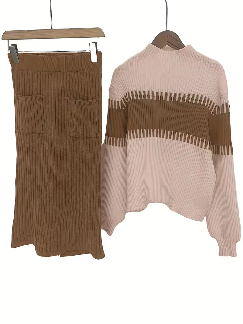 Women's Ribbed Sweater Set – Matching Knit Skirt Set