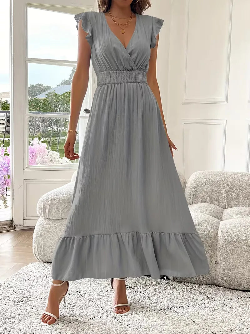 Women's V-Neck Tiered Maxi Dress – Short Sleeve Smocked Waist Evening Dress