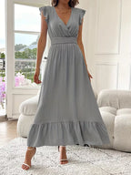 Women's V-Neck Tiered Maxi Dress – Short Sleeve Smocked Waist Evening Dress