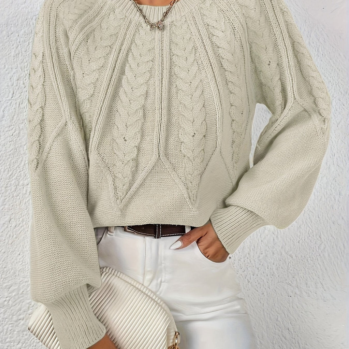Women's Lantern Sleeve Sweater – Cable Knit Winter Sweater