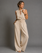 Women's Sleeveless Wide Leg Jumpsuit – High Neck Belted Summer Jumpsuit