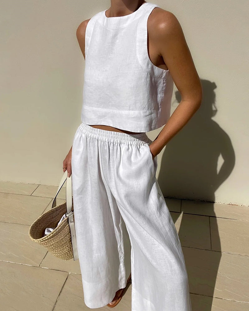Women's Summer Crop Top Set – High Waist Wide Leg Pants Set