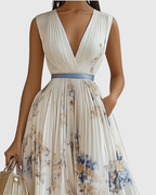 Women's Sleeveless Pleated Midi Dress – Floral Wedding Guest Occasion Dress