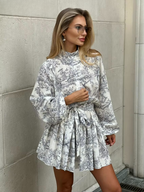 Women's Toile Print A-Line Dress – Belted Balloon Sleeve Mini Dress