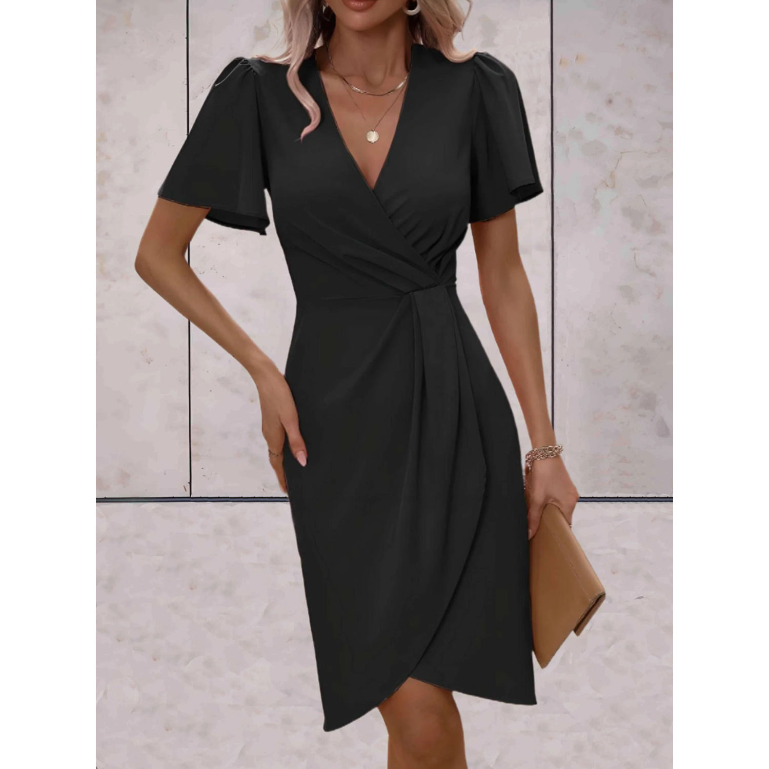Women's Cocktail V-Neck Wrap Dress – Flowy Billowy Sleeve Occasion Dress