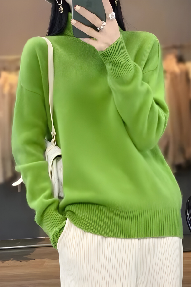 Women's High Neck Roll Sweater – Long Sleeve Relaxed Knit Pullover