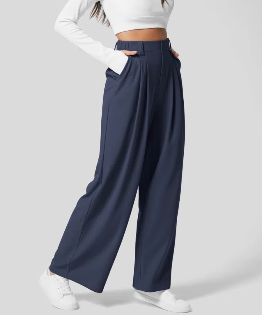 Women's High Waist Wide Leg Pants – Elastic Waist Four Pocket Trousers
