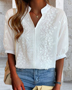 Women's V-Neck Puff Sleeve Blouse – Relaxed Long Sleeve Blouse