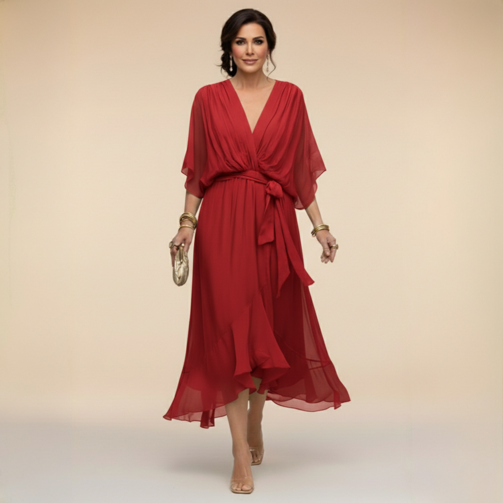 Women's V-Neck Long Sleeve Dress – Flowy Formal Occasion Dress