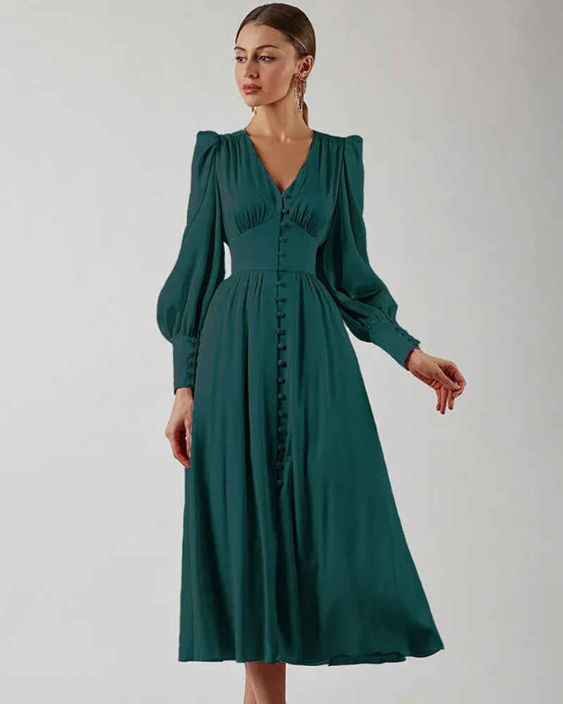 Women's V-Neck Wedding Guest Maxi Dress – Lantern Sleeve Flowy Formal Dress