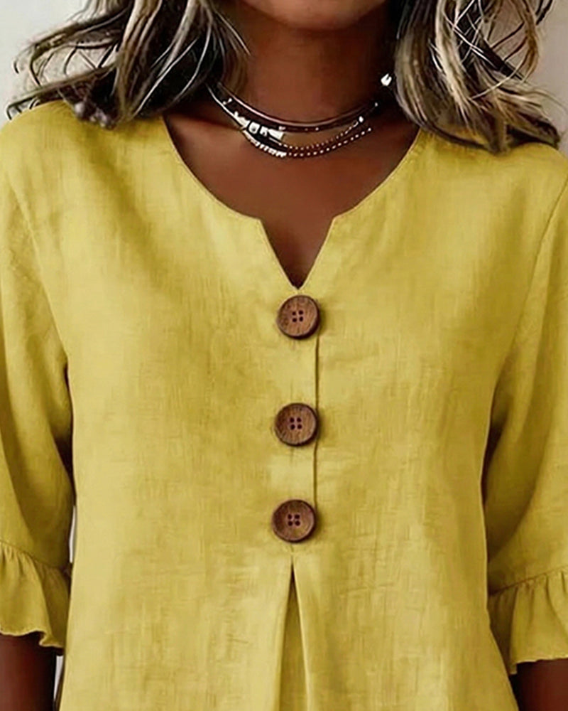 Women's Ruffle Front Blouse – Button Detail Flowy Long Sleeve Blouse