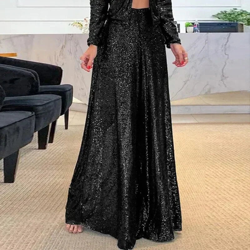 Women's High Waist Sequin Palazzo Pants – Flared Glitter Party Trousers