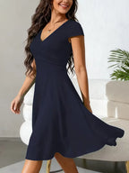 Women's V-Neck A-Line Dress – Short Sleeve Knee Length Pocket Dress