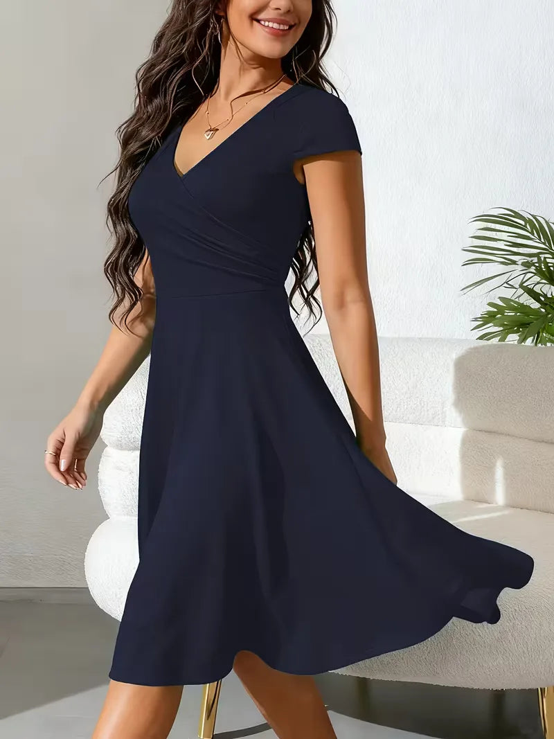 Women's V-Neck A-Line Dress – Short Sleeve Knee Length Pocket Dress