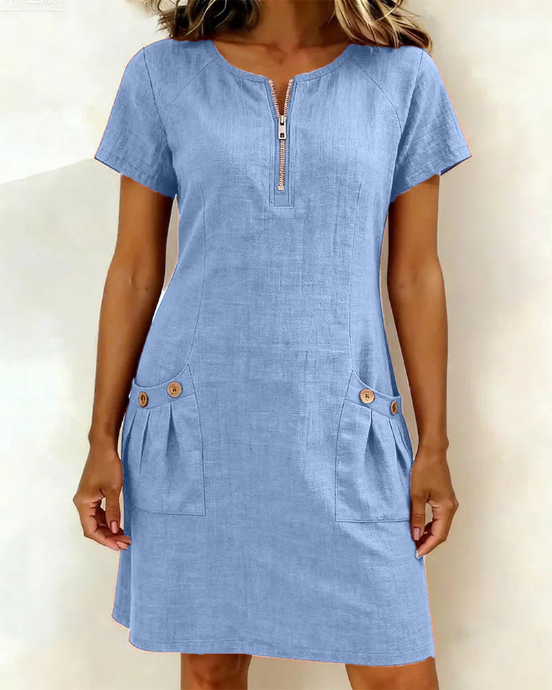 Women's A-Line Pocket Midi Dress – Short Sleeve Flowy Day Dress