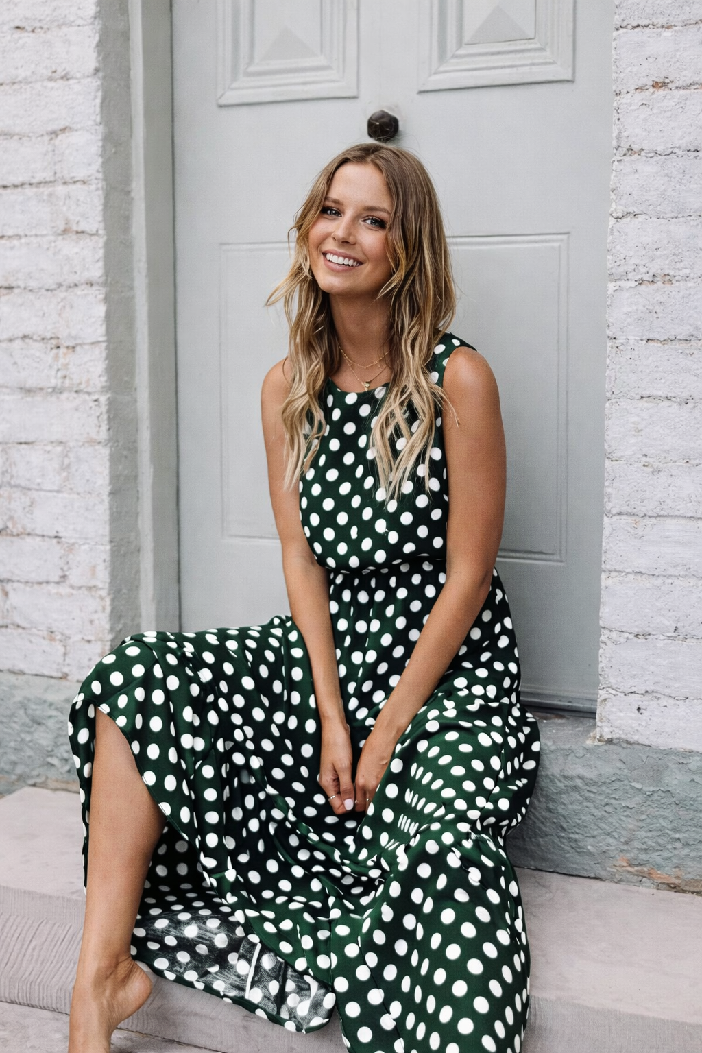Women's Polka Dot Midi Dress – Sleeveless Summer Dress