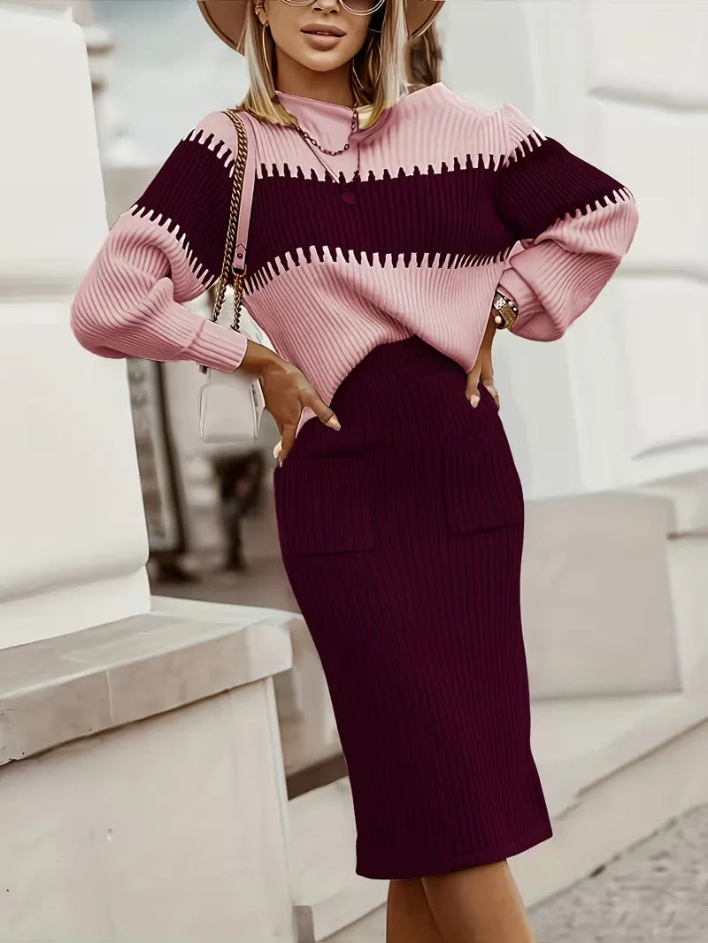 Women's Ribbed Sweater Set – Matching Knit Skirt Set