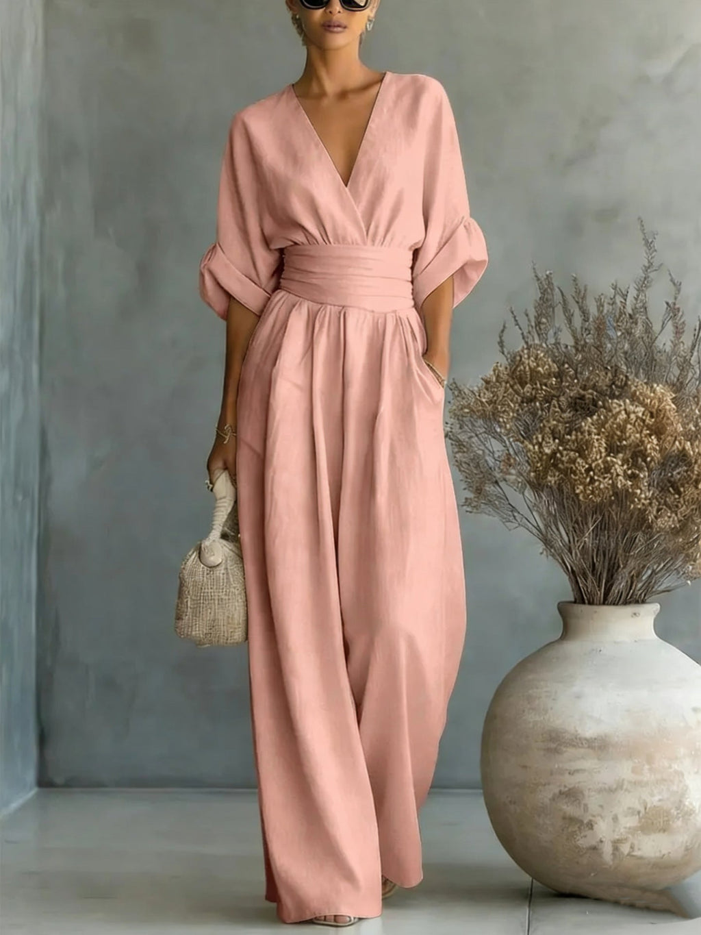 Women's V-Neck Wide Leg Jumpsuit – High Waist Pocket Formal Jumpsuit
