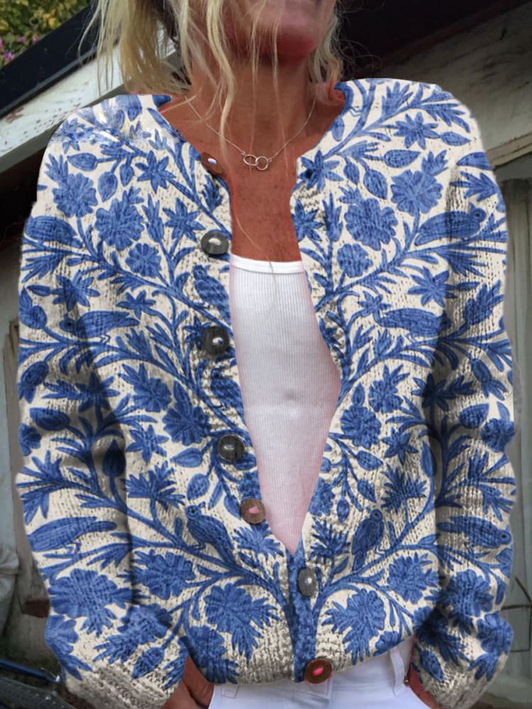 Women's Floral Embroidered Knit Cardigan – Button Front Long Sleeve Cardigan