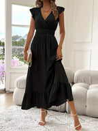 Women's V-Neck Tiered Maxi Dress – Short Sleeve Smocked Waist Evening Dress