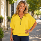 Women's Zipper V-Neck Blouse – Relaxed Batwing Sleeve Blouse