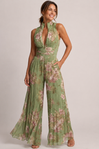 Women's Pleated Halter Jumpsuit – Wide Leg Jumpsuit