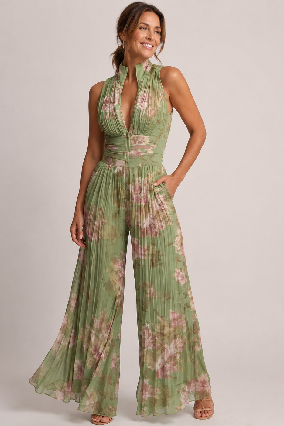 Women's Pleated Halter Jumpsuit – Wide Leg Jumpsuit