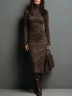 Women's Suede Finish Midi Dress – High Neck Dress