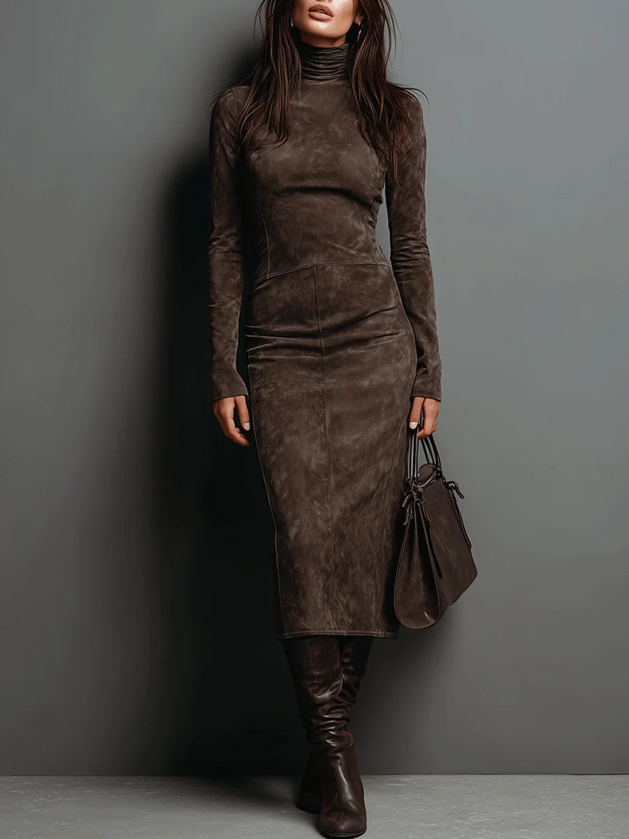 Women's Suede Finish Midi Dress – High Neck Dress