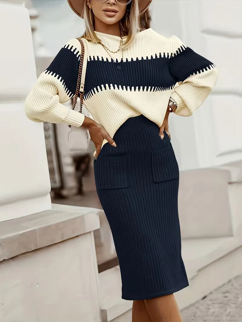 Women's Ribbed Sweater Set – Matching Knit Skirt Set