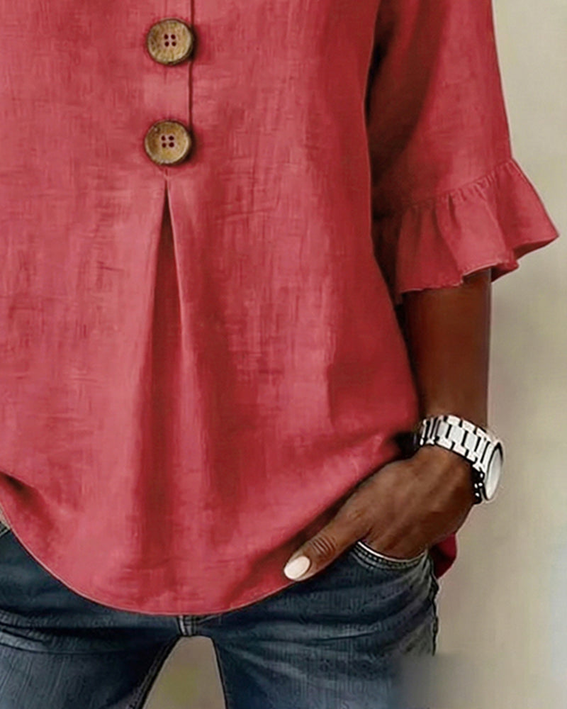 Women's Ruffle Front Blouse – Button Detail Flowy Long Sleeve Blouse