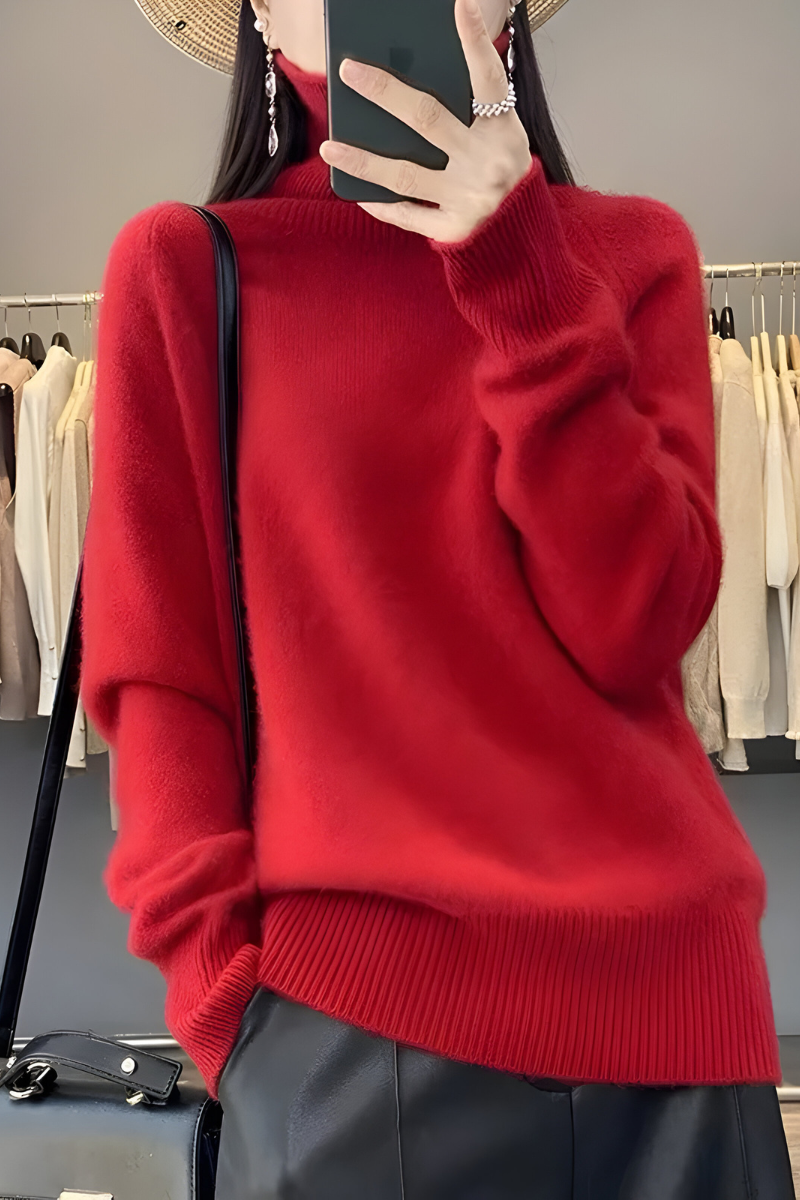 Women's High Neck Roll Sweater – Long Sleeve Relaxed Knit Pullover