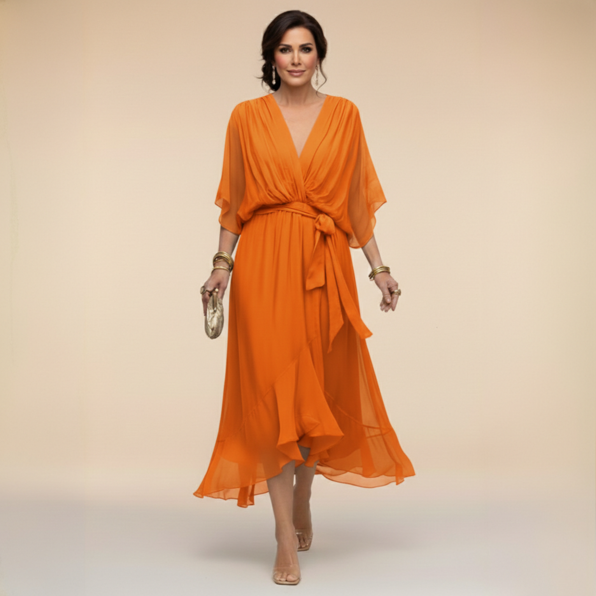 Women's V-Neck Long Sleeve Dress – Flowy Formal Occasion Dress
