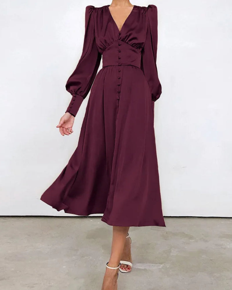 Women's V-Neck Wedding Guest Maxi Dress – Lantern Sleeve Flowy Formal Dress