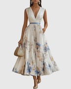 Women's Sleeveless Pleated Midi Dress – Floral Wedding Guest Occasion Dress