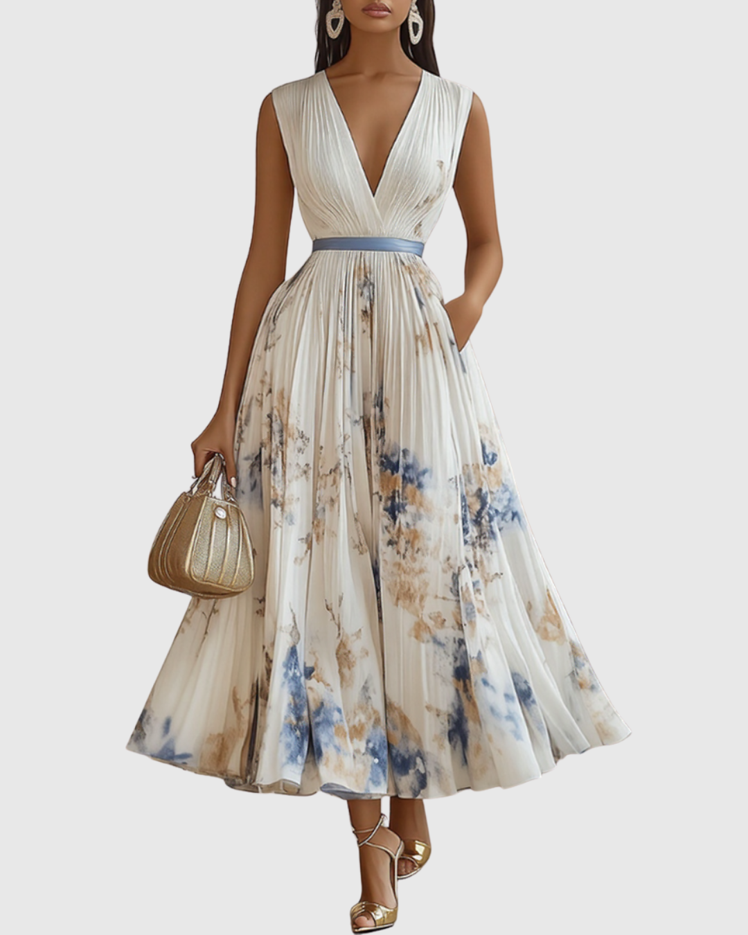 Women's Sleeveless Pleated Midi Dress – Floral Wedding Guest Occasion Dress