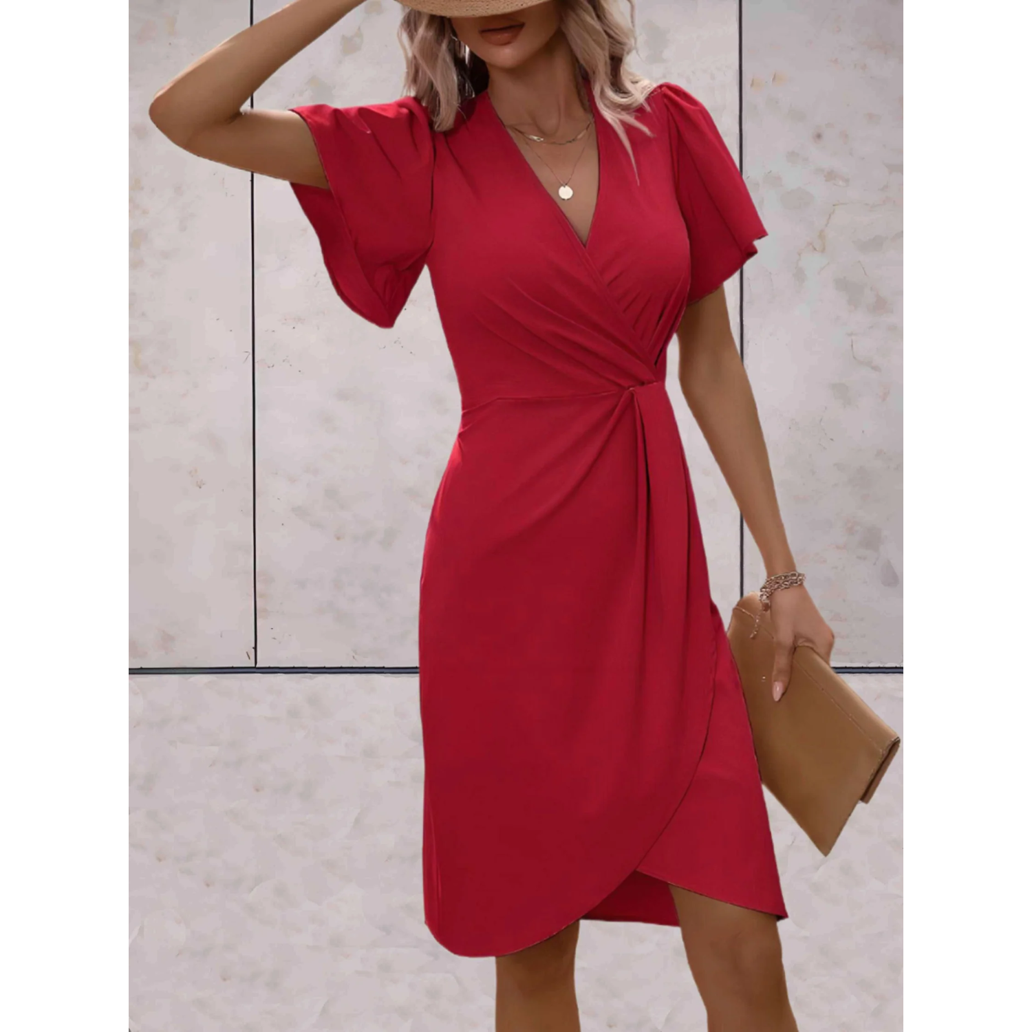 Women's Cocktail V-Neck Wrap Dress – Flowy Billowy Sleeve Occasion Dress