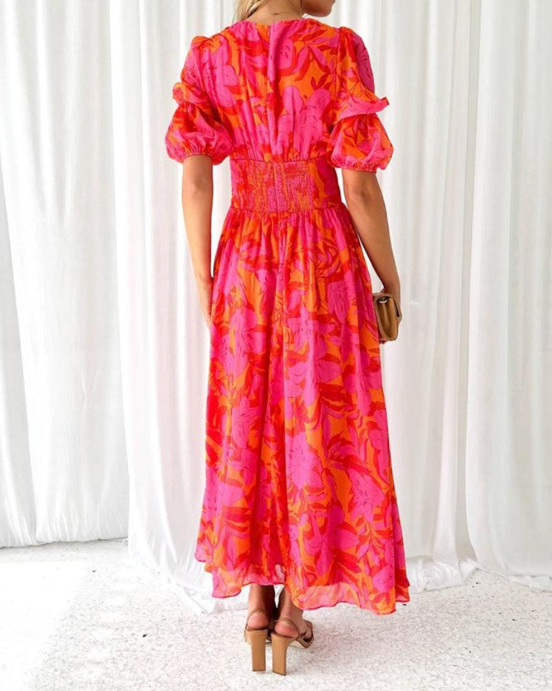 Women's Puff Sleeve Maxi Dress – V-Neck Occasion Dress